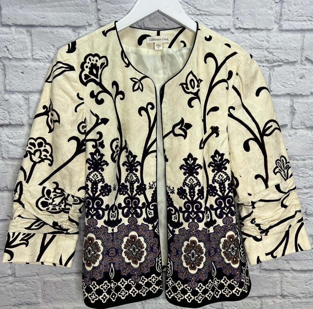 Coldwater Creek Womens Open Front Blazer Size 12 White Purple Mandala 3/4 Sleeve